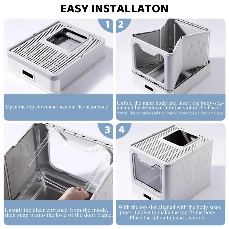 Stainless Steel Enclosed Cat Litter Box with Lid Leak Proof Odorless Top Exit Easy Clean Litter Box for Cats Includes Scoop Mat