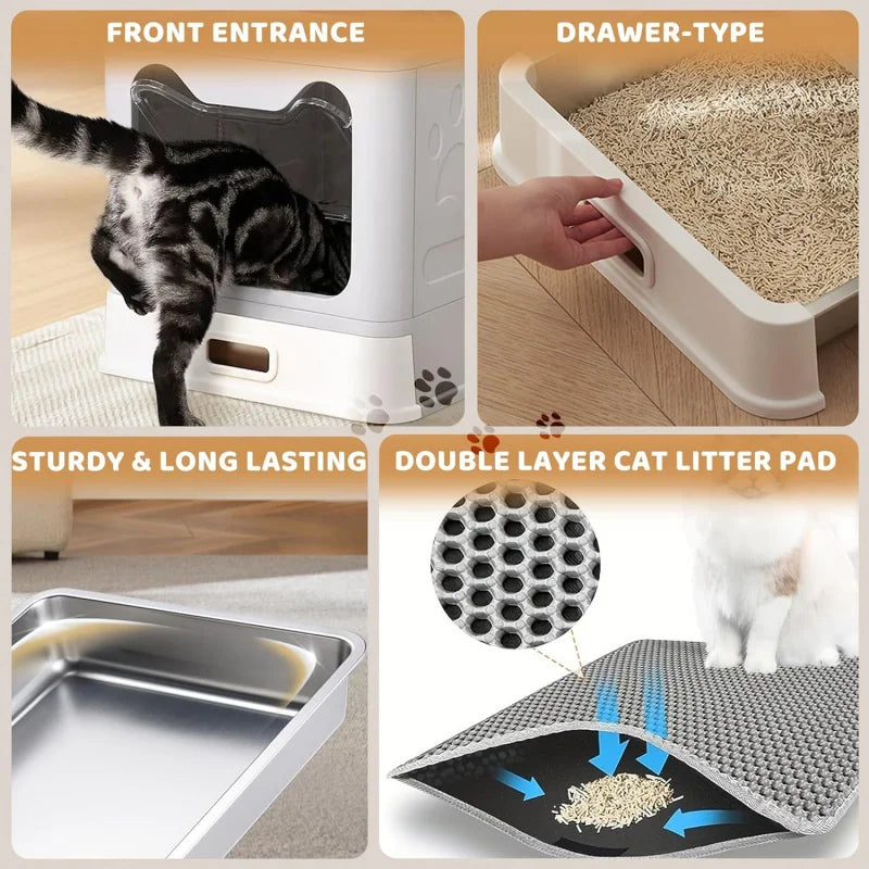 Stainless Steel Enclosed Cat Litter Box with Lid Leak Proof Odorless Top Exit Easy Clean Litter Box for Cats Includes Scoop Mat
