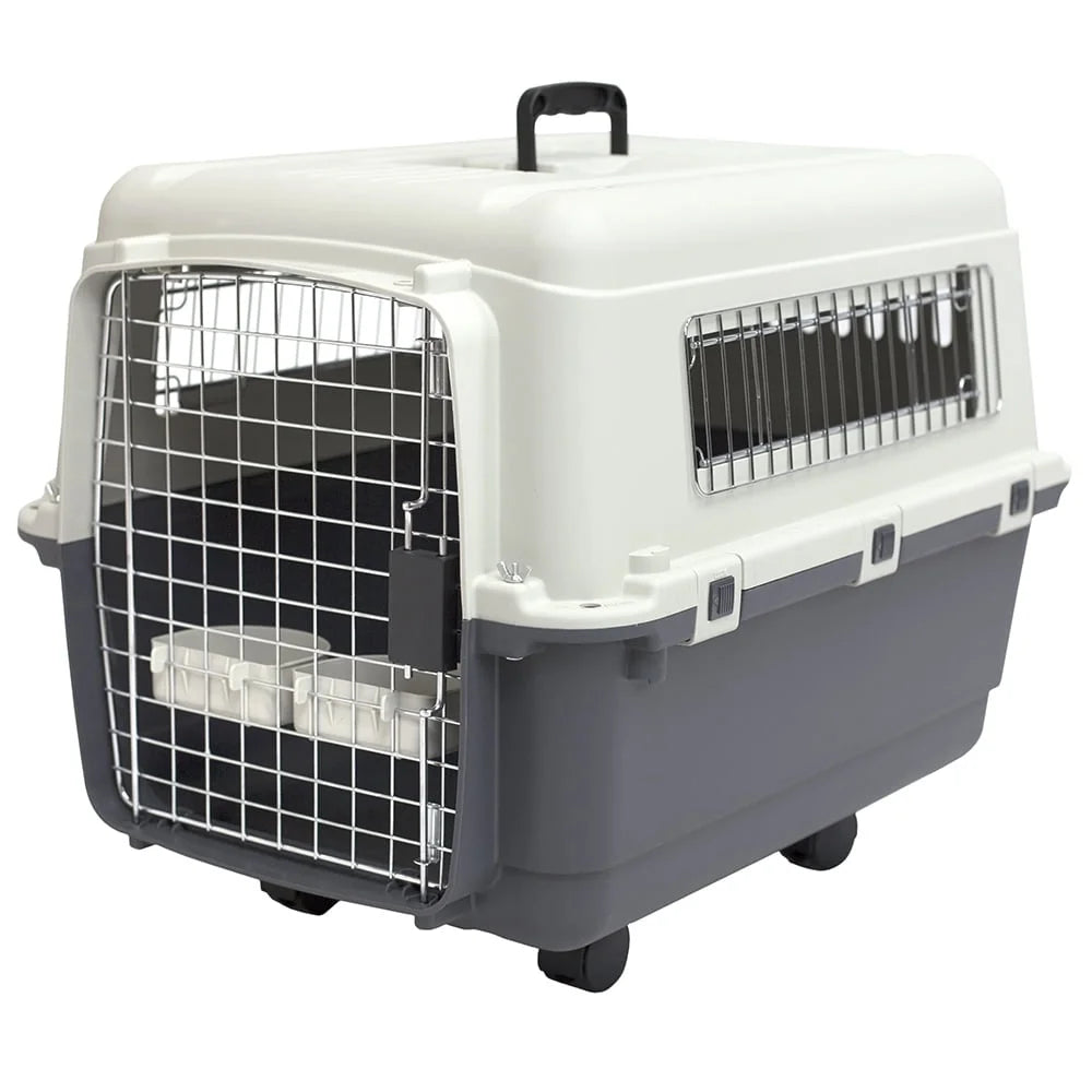 IATA Approved Plastic Dog Kennel Travel Crate Durable Easy Assemble Medium Size Pet Carrier with Metal Hardware and Wheels