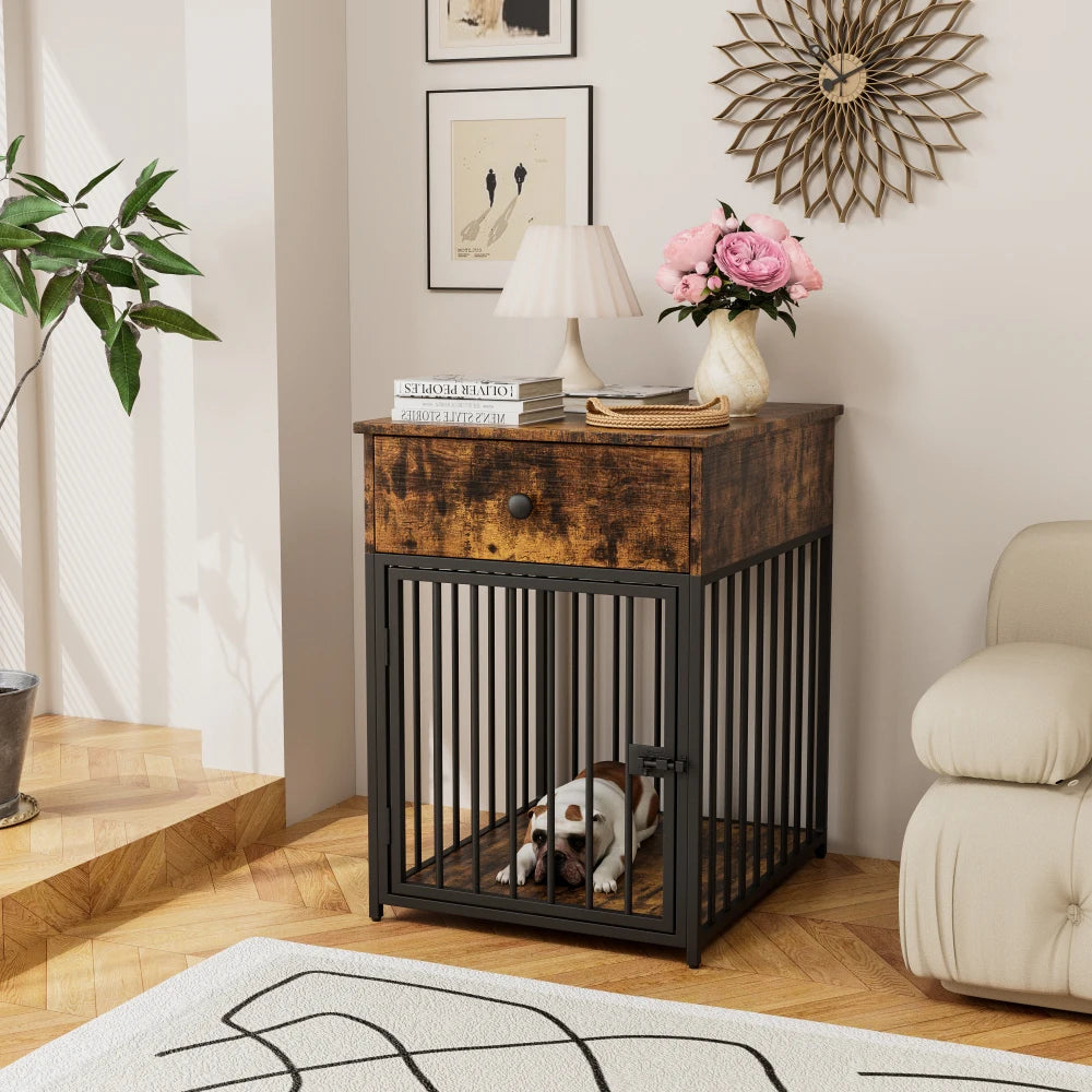 Dog Crate Furniture, Dog House, Decorative Dog Kennel with Drawer, Indoor Pet Crate End Table for Small Dog, Iron-Tube Dog Cage