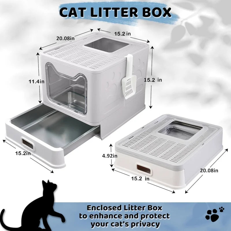 Stainless Steel Enclosed Cat Litter Box with Lid Leak Proof Odorless Top Exit Easy Clean Litter Box for Cats Includes Scoop Mat