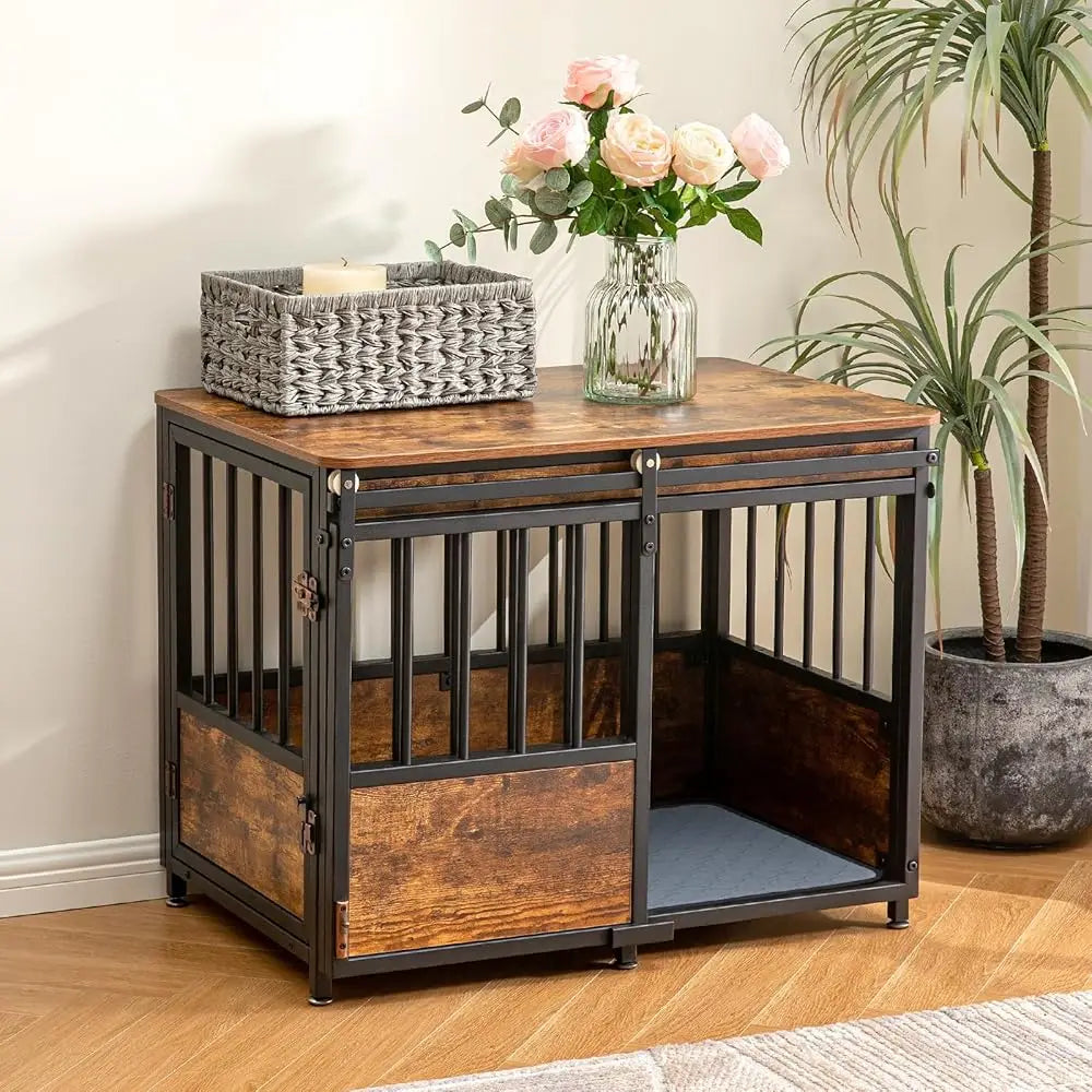 32 H Dog Crate Furniture With Cushion For Large Medium Dogs, Wooden Heavy Duty Dog Kennel With Double Doors, Decorative Pet