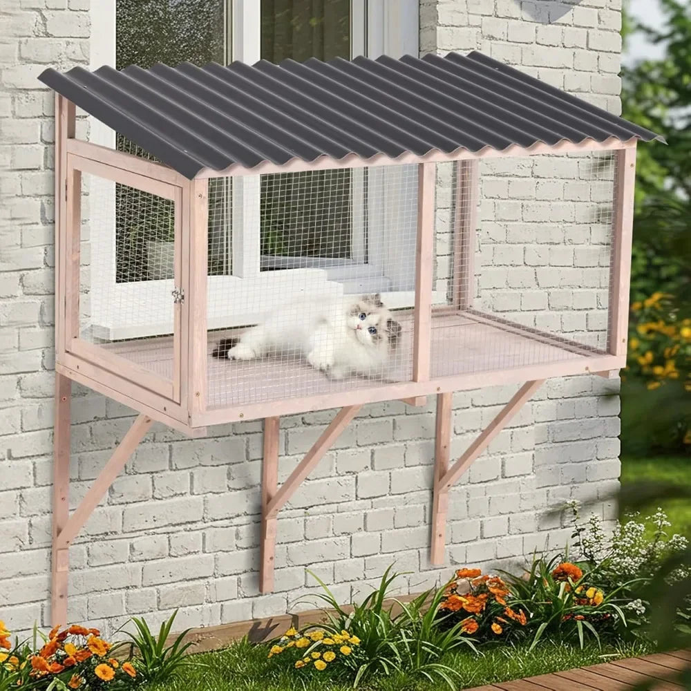 Cat Catio, Wall-Mounted Window Enclosure for Indoor Cats, Expandable Wooden Small Pet Perch House, Secure and Cozy Outdoor