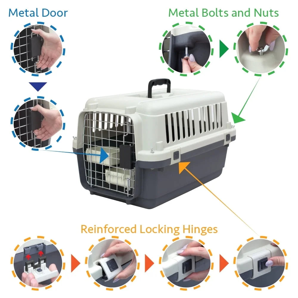 IATA Approved Plastic Dog Kennel Travel Crate Durable Easy Assemble Medium Size Pet Carrier with Metal Hardware and Wheels