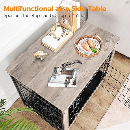 Dog Crate Furniture, 32.5"" Medium Dog Kennel Indoor, Wooden Cage With Pull-Out Tray, Double Doors Pet House Side End Table For