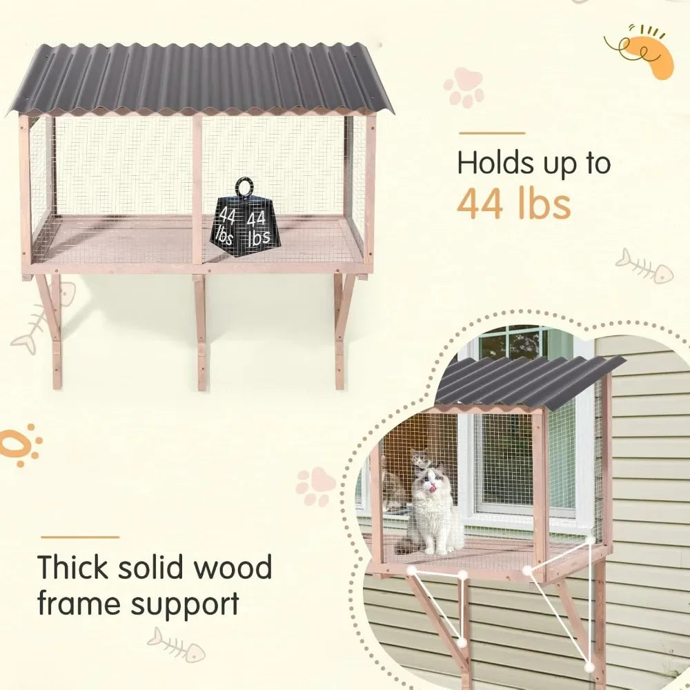 Cat Catio, Wall-Mounted Window Enclosure for Indoor Cats, Expandable Wooden Small Pet Perch House, Secure and Cozy Outdoor