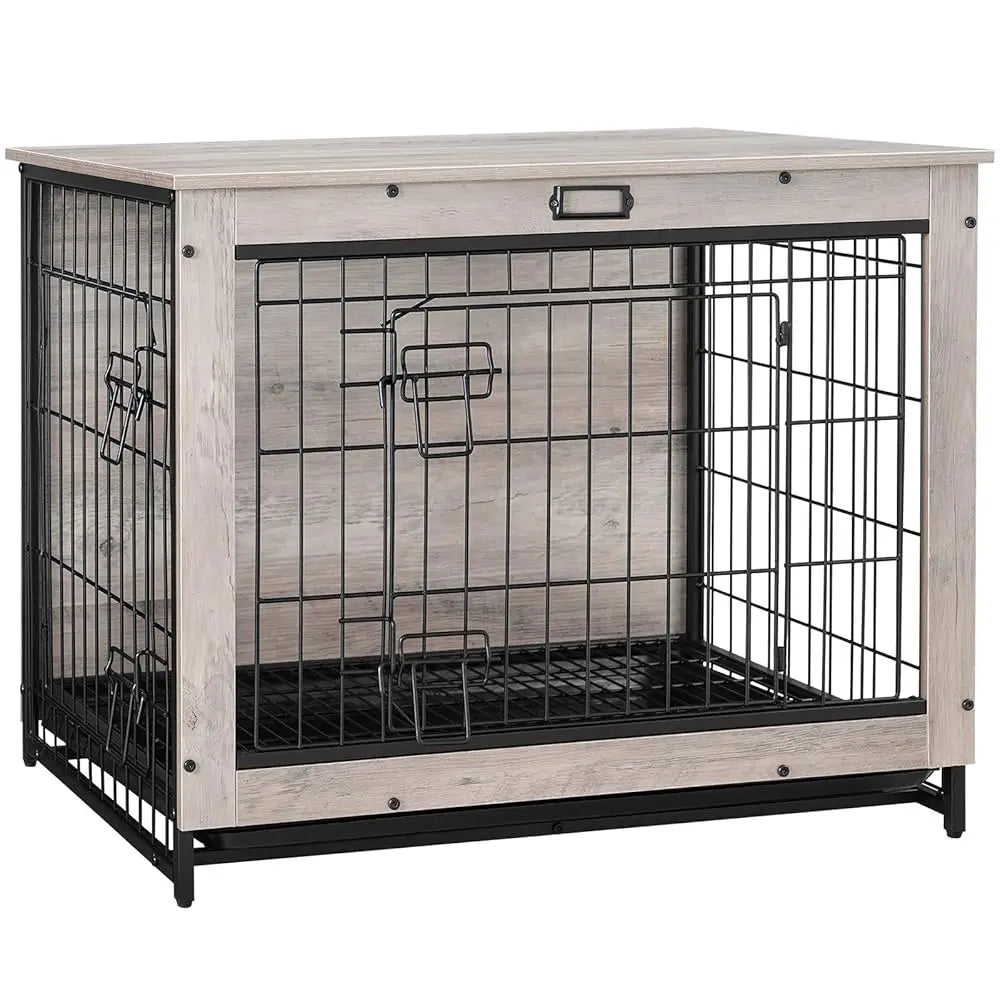 Dog Crate Furniture, 32.5"" Medium Dog Kennel Indoor, Wooden Cage With Pull-Out Tray, Double Doors Pet House Side End Table For