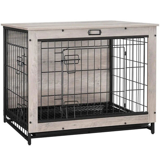 Dog Crate Furniture, 32.5"" Medium Dog Kennel Indoor, Wooden Cage With Pull-Out Tray, Double Doors Pet House Side End Table For