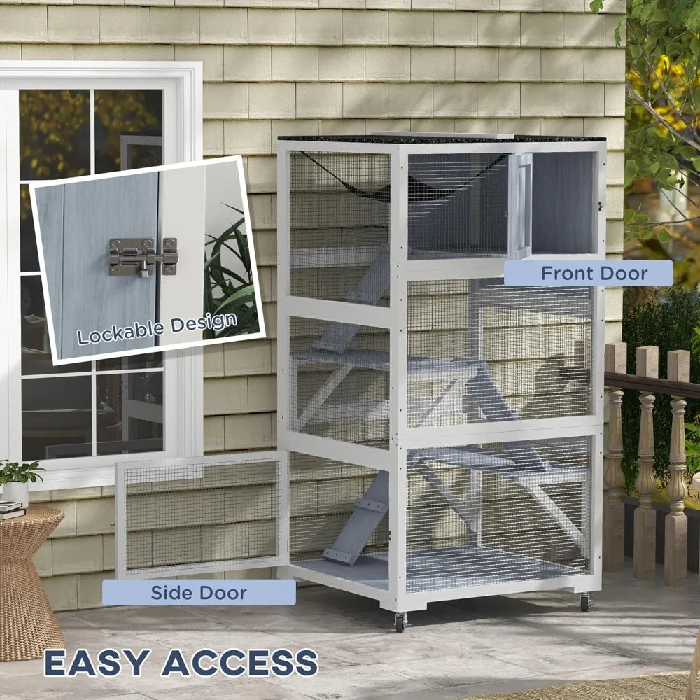 Outdoor Cat Enclosure House, Wooden Feral Cat Shelter on Wheels, Cats Cage with Hammock, Platforms Ramps, Cat House