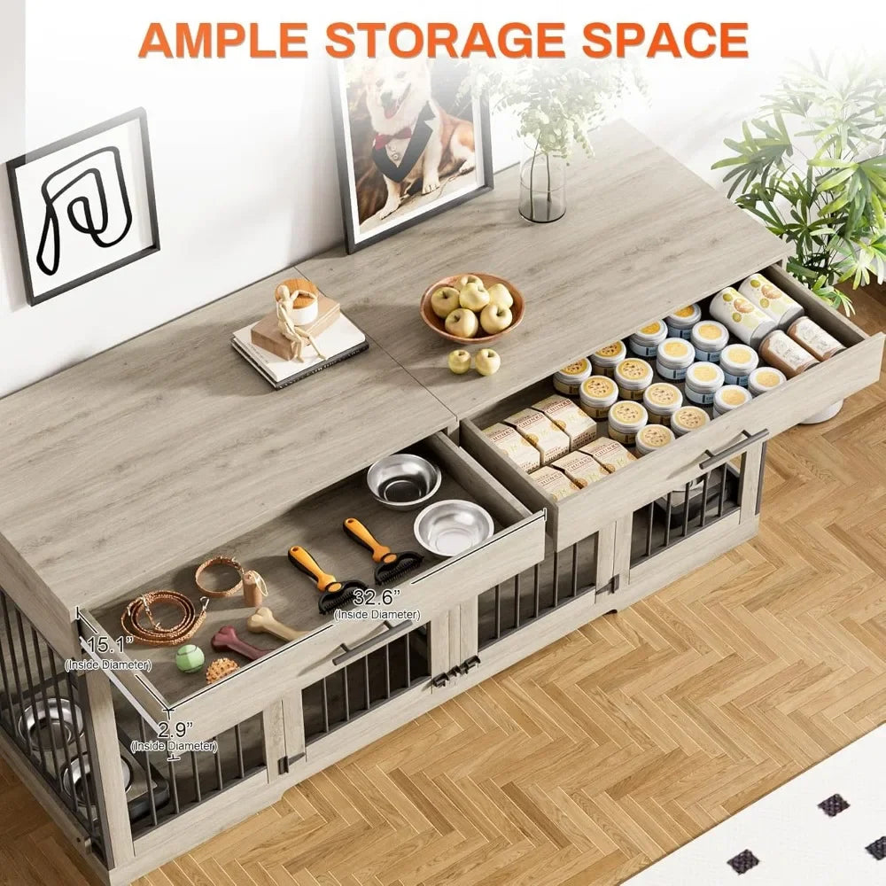 72" Dog Crate Furniture for 2 Dogs, Large Kennel with 2 Storage Drawers & Removable Divider