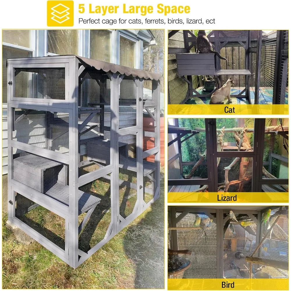 Cat House Outdoor Catio Kitty Enclosure with Super Large Enter Door,Small House, Wooden Cat Cage Condo