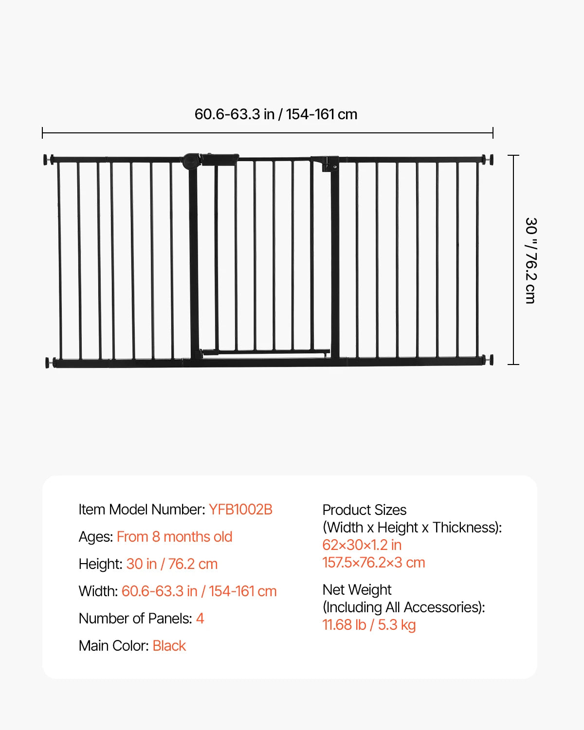 VEVOR Baby Gate 28/30/36 Inches High Dog Gate Easy Step Walk Thru Child Pet Security Pressure Mount Kit Wall Cups Doorways
