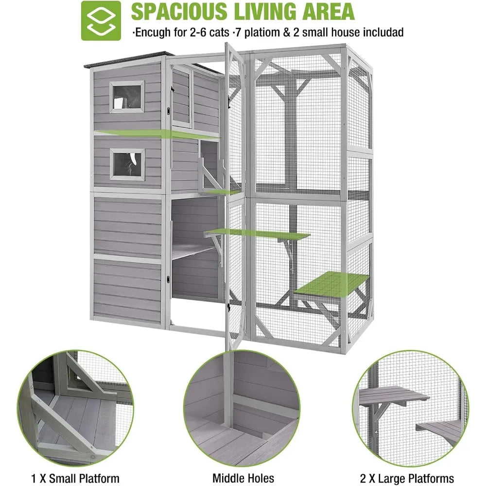 Large Catio Kitty House wih 4 Tiers Cat House for Outdoor Cats Waterproof roof Cat Enclosures,77 Inch