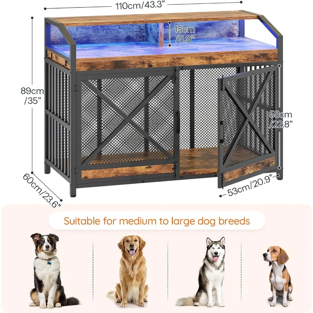 Very / 43.3" Large Dog Crate Furniture, Heavy Duty Dog Kennel Indoor With LED Light, Wooden Decorative Pet House End Table