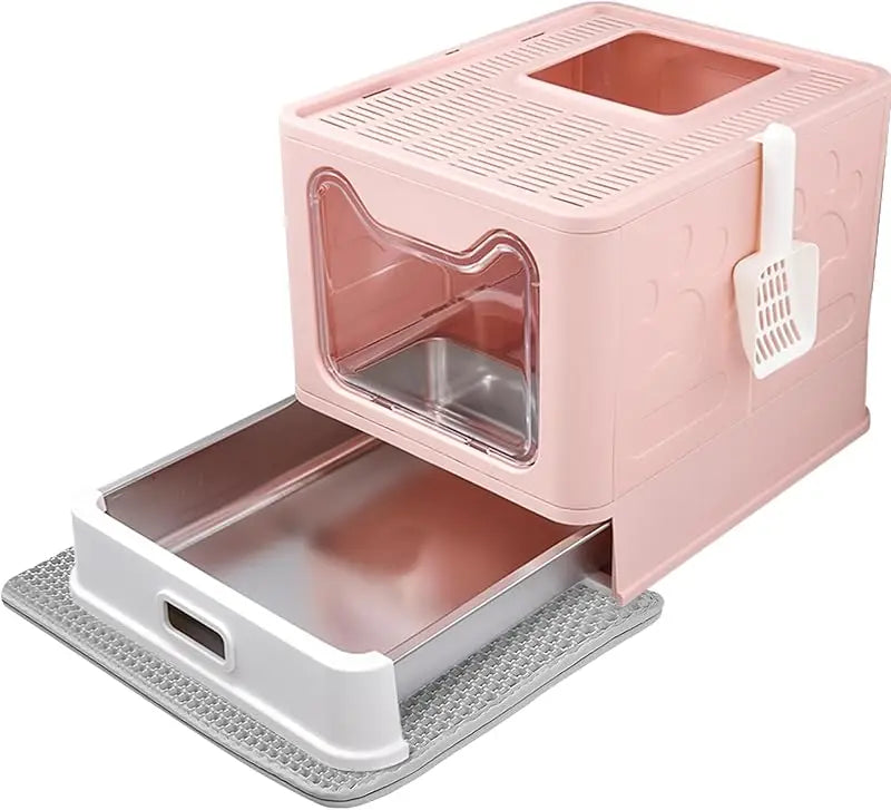 Stainless Steel Enclosed Cat Litter Box with Lid Leak Proof Odorless Top Exit Easy Clean Litter Box for Cats Includes Scoop Mat