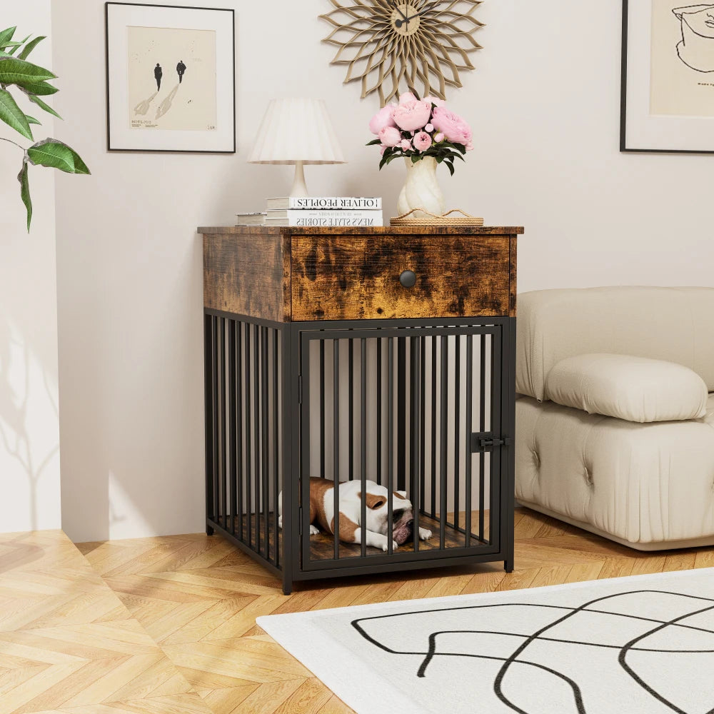 Dog Crate Furniture, Dog House, Decorative Dog Kennel with Drawer, Indoor Pet Crate End Table for Small Dog, Iron-Tube Dog Cage