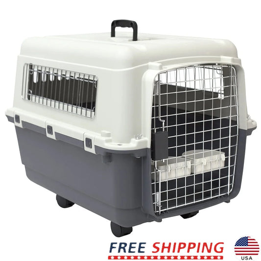 IATA Approved Plastic Dog Kennel Travel Crate Durable Easy Assemble Medium Size Pet Carrier with Metal Hardware and Wheels