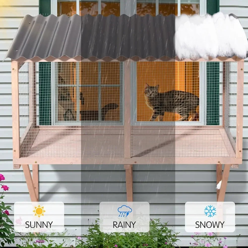 Cat Catio, Wall-Mounted Window Enclosure for Indoor Cats, Expandable Wooden Small Pet Perch House, Secure and Cozy Outdoor