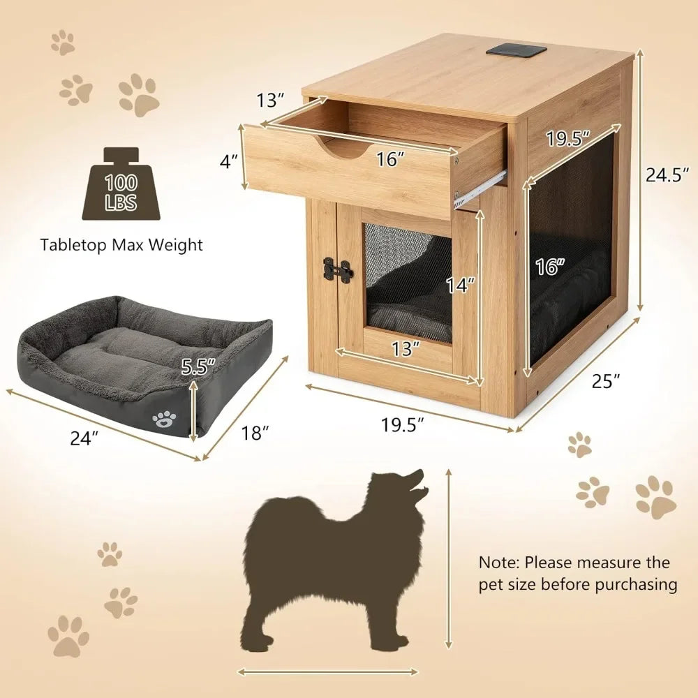 Dogs Crate Furniture with Wireless Charging Function&USB Ports,Furniture Style Small Dog Crate End Table with Drawer & Removable
