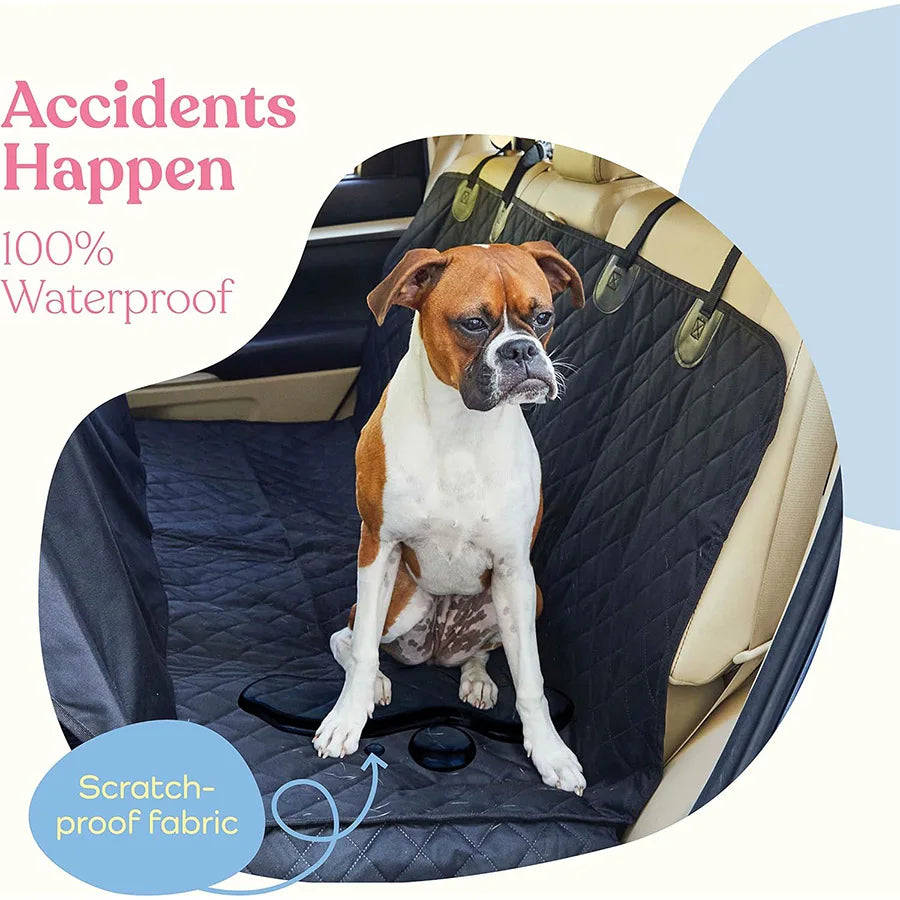 A black pet car mat with gray edging, 100% waterproof and stain resistant, easy to maintain, machine washable