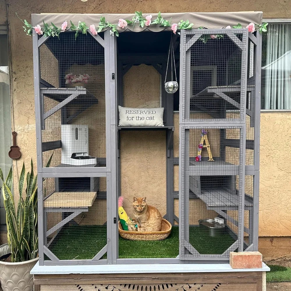 Cat House Outdoor Catio Kitty Enclosure with Super Large Enter Door,Small House, Wooden Cat Cage Condo