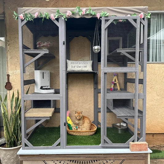 Cat House Outdoor Catio Kitty Enclosure with Super Large Enter Door,Small House, Wooden Cat Cage Condo