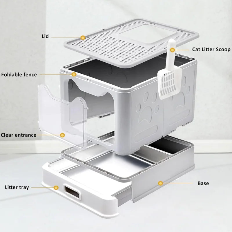 Stainless Steel Enclosed Cat Litter Box with Lid Leak Proof Odorless Top Exit Easy Clean Litter Box for Cats Includes Scoop Mat