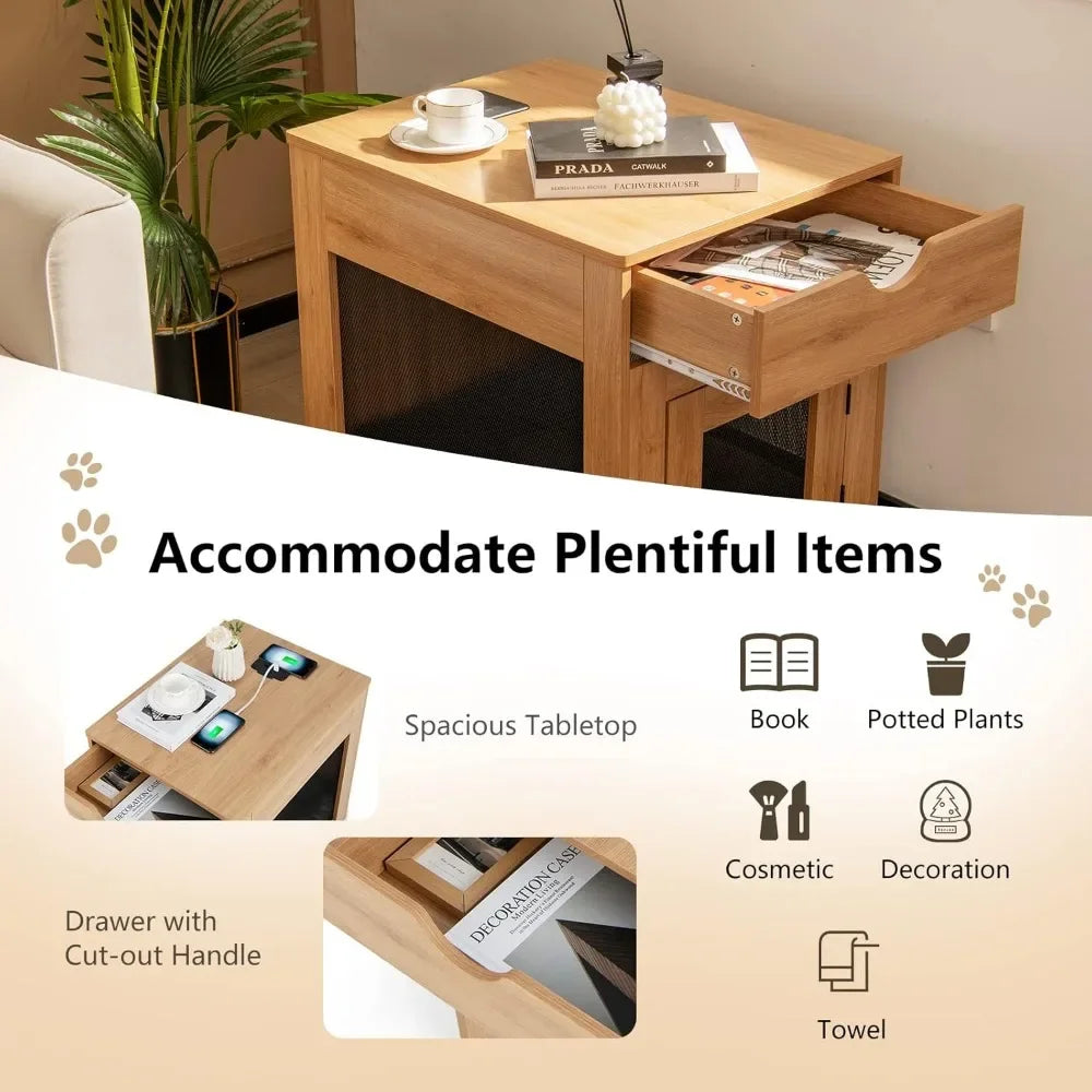 Dogs Crate Furniture with Wireless Charging Function&USB Ports,Furniture Style Small Dog Crate End Table with Drawer & Removable