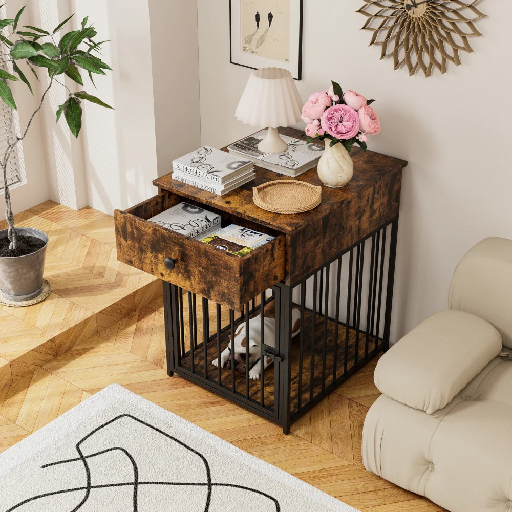 Dog Crate Furniture, Dog House, Decorative Dog Kennel with Drawer, Indoor Pet Crate End Table for Small Dog, Iron-Tube Dog Cage
