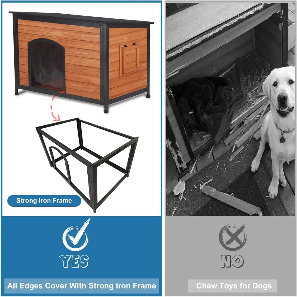 Dog House Outdoor Weatherproof 43.3" L Chew Proof Dog Kennel for Small Medium Large Dogs with Strong Metal Chew Proof Frame