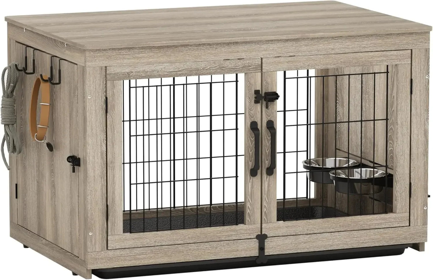 Wooden Dog Crate Furniture with 360°Rotatable Removable Dog Bowls, Dogs Crate End Table with Tray, Double Doors Dogs Kennels