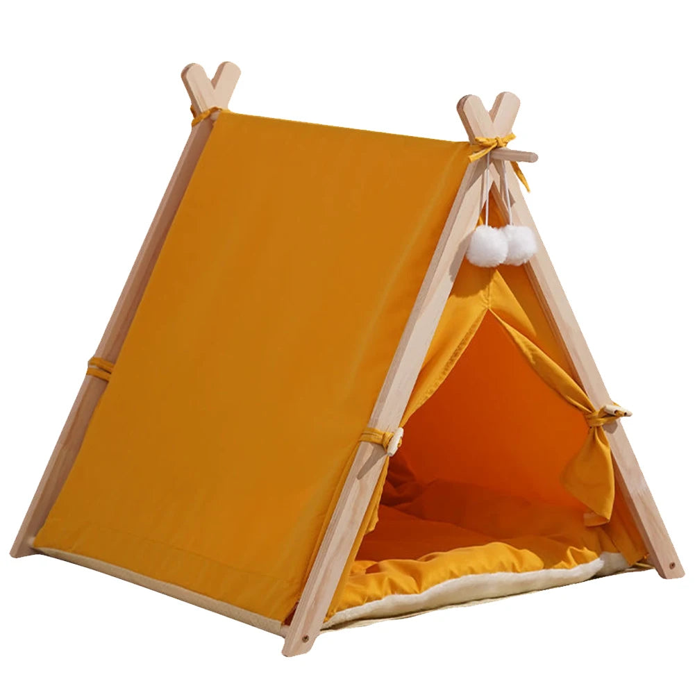 Pet Tent Wooden Frame Portable Pet House Oxford Fabric Wood Cat Dog Tent Washable Portable Removable Dog House with Soft Cushion