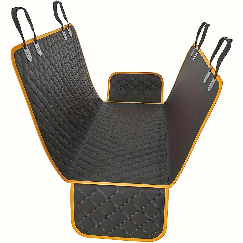 A black pet car mat with gray edging, 100% waterproof and stain resistant, easy to maintain, machine washable