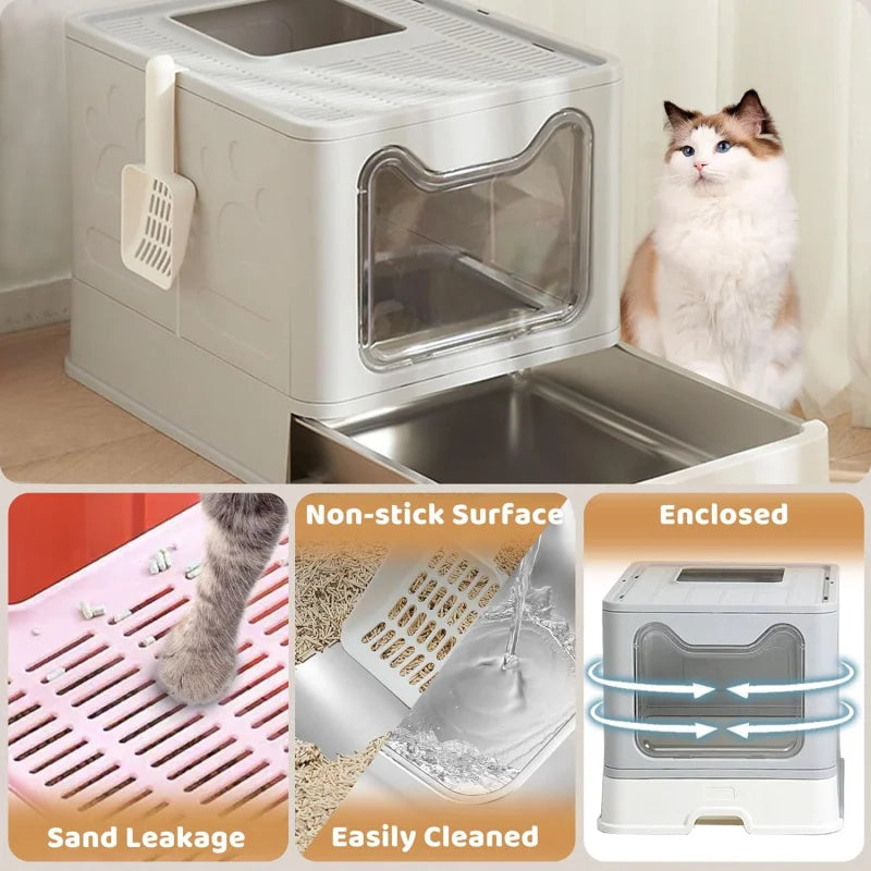 Stainless Steel Enclosed Cat Litter Box with Lid Leak Proof Odorless Top Exit Easy Clean Litter Box for Cats Includes Scoop Mat