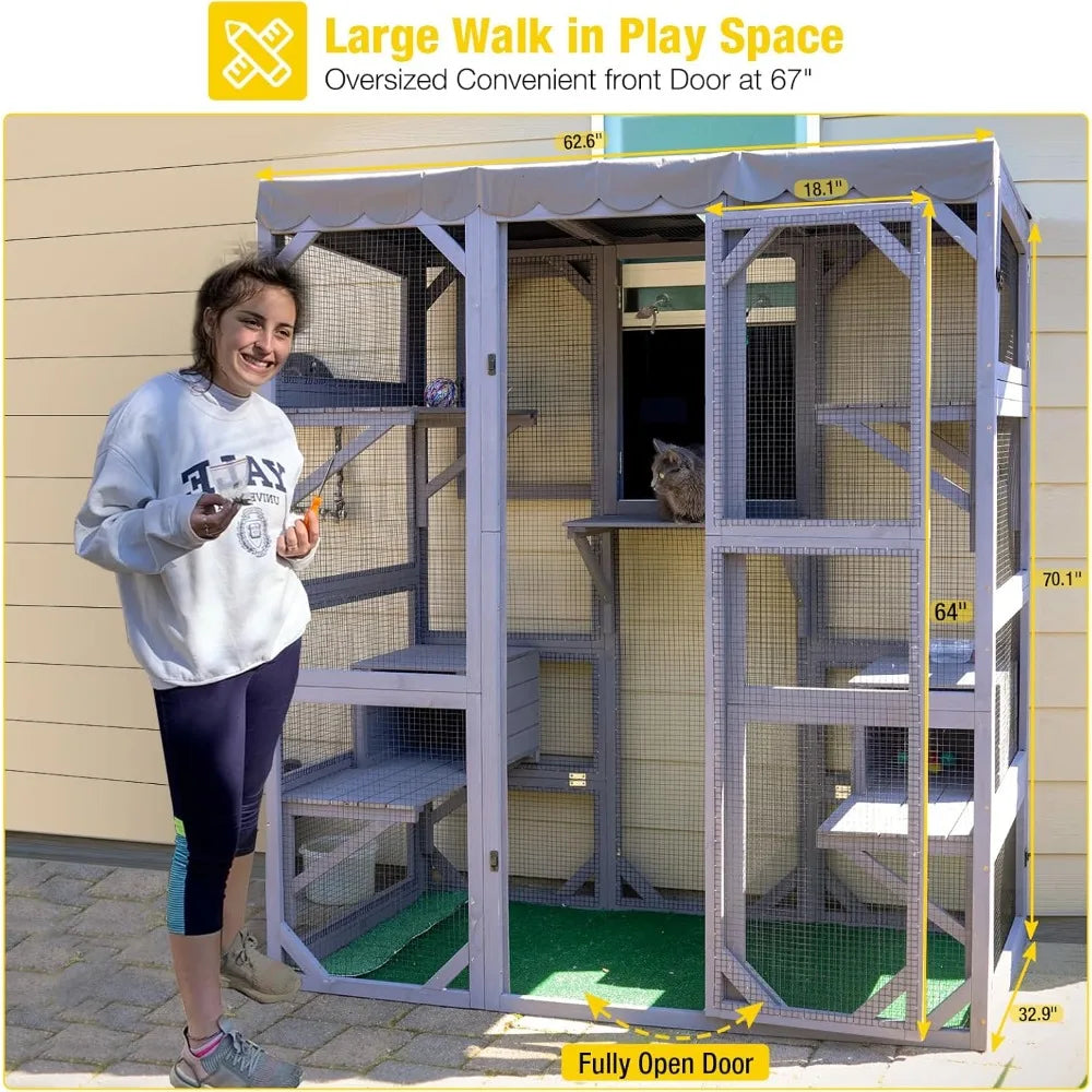 Cat House Outdoor Catio Kitty Enclosure with Super Large Enter Door,Small House, Wooden Cat Cage Condo