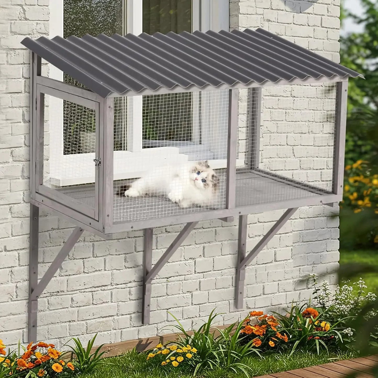 Cat Catio, Wall-Mounted Window Enclosure for Indoor Cats, Expandable Wooden Small Pet Perch House, Secure and Cozy Outdoor