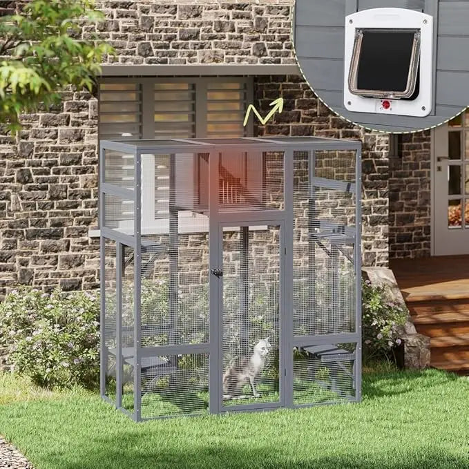 70Inches Large Spacious Wooden Outdoor Catio with Perches and Condos, Cat Catio Enclosures Indoor Kitty Window Kennel