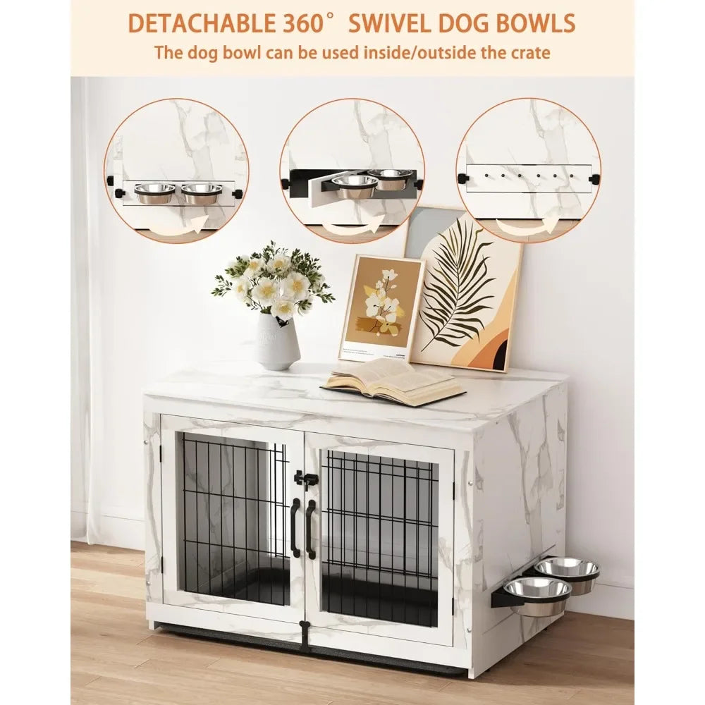 Wooden Dog Crate Furniture with 360°Rotatable Removable Dog Bowls, Dogs Crate End Table with Tray, Double Doors Dogs Kennels