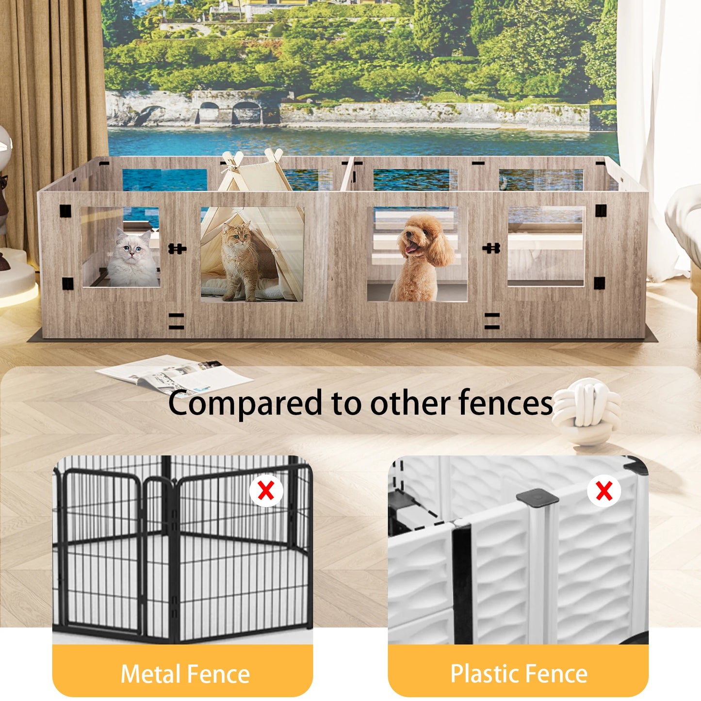 Dog Playpen 8/14 Panels Clear Tempered Glass Pet Exercise Fence House Dog Whelping Pen Box for Indoor with Waterproof Pad
