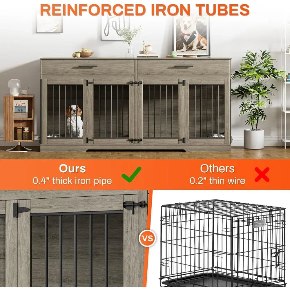 72" Dog Crate Furniture for 2 Dogs, Large Kennel with 2 Storage Drawers & Removable Divider