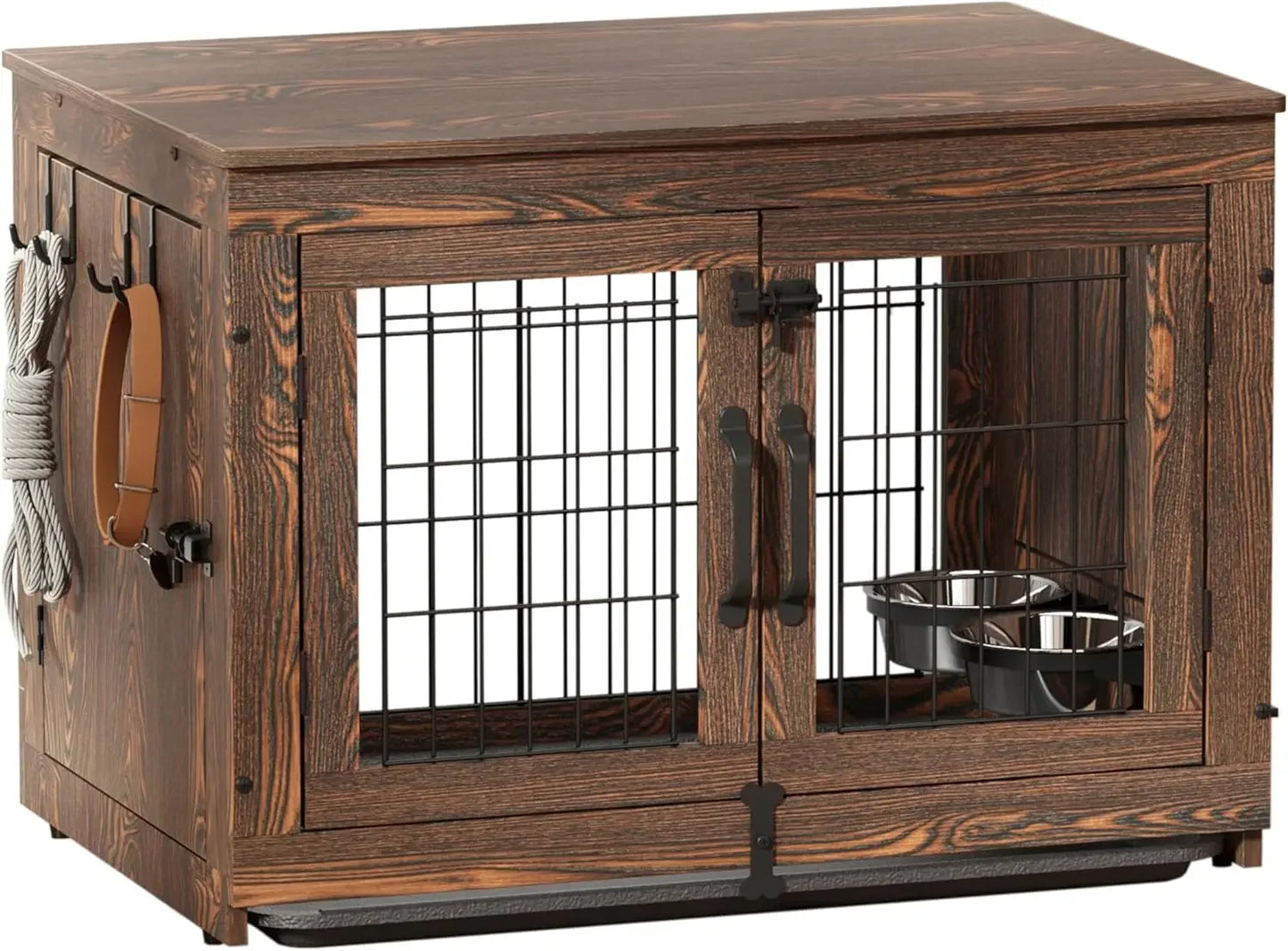 Wooden Dog Crate Furniture with 360°Rotatable Removable Dog Bowls, Dogs Crate End Table with Tray, Double Doors Dogs Kennels