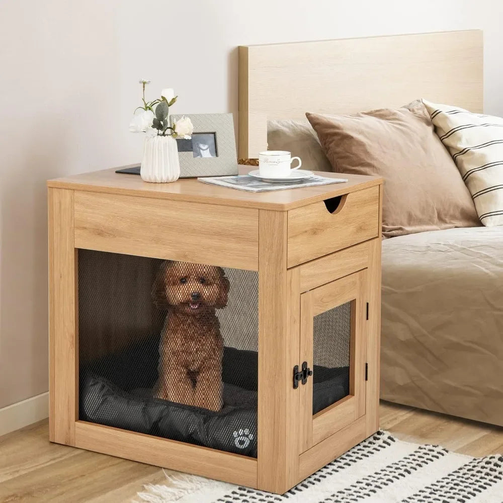 Dogs Crate Furniture with Wireless Charging Function&USB Ports,Furniture Style Small Dog Crate End Table with Drawer & Removable