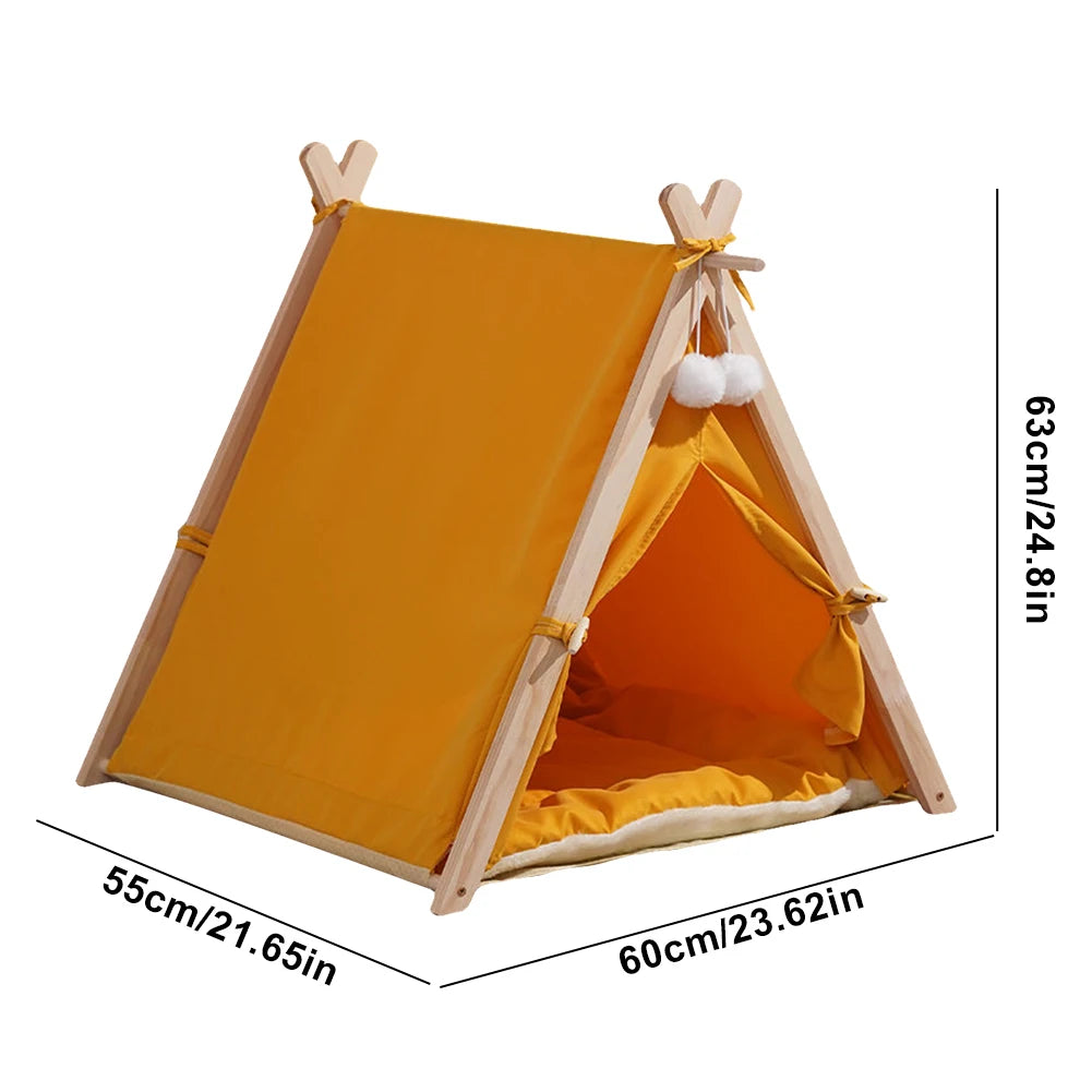 Pet Tent Wooden Frame Portable Pet House Oxford Fabric Wood Cat Dog Tent Washable Portable Removable Dog House with Soft Cushion