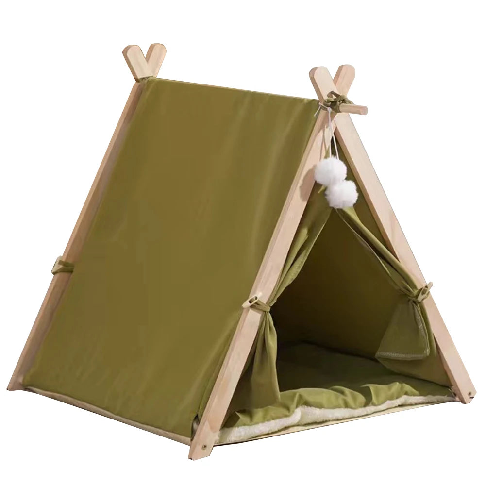 Pet Tent Wooden Frame Portable Pet House Oxford Fabric Wood Cat Dog Tent Washable Portable Removable Dog House with Soft Cushion