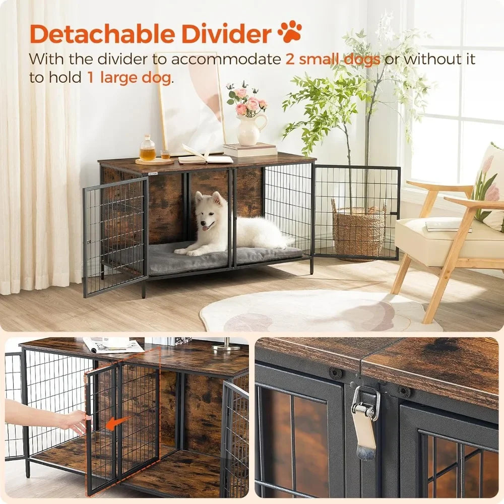 Dog Kennel with Removable Divider, Heavy Sturdy Dog Furniture Style Double Cage for Small Medium Dog, Indoor Pet House End Table