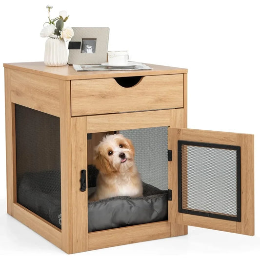 Dogs Crate Furniture with Wireless Charging Function&USB Ports,Furniture Style Small Dog Crate End Table with Drawer & Removable