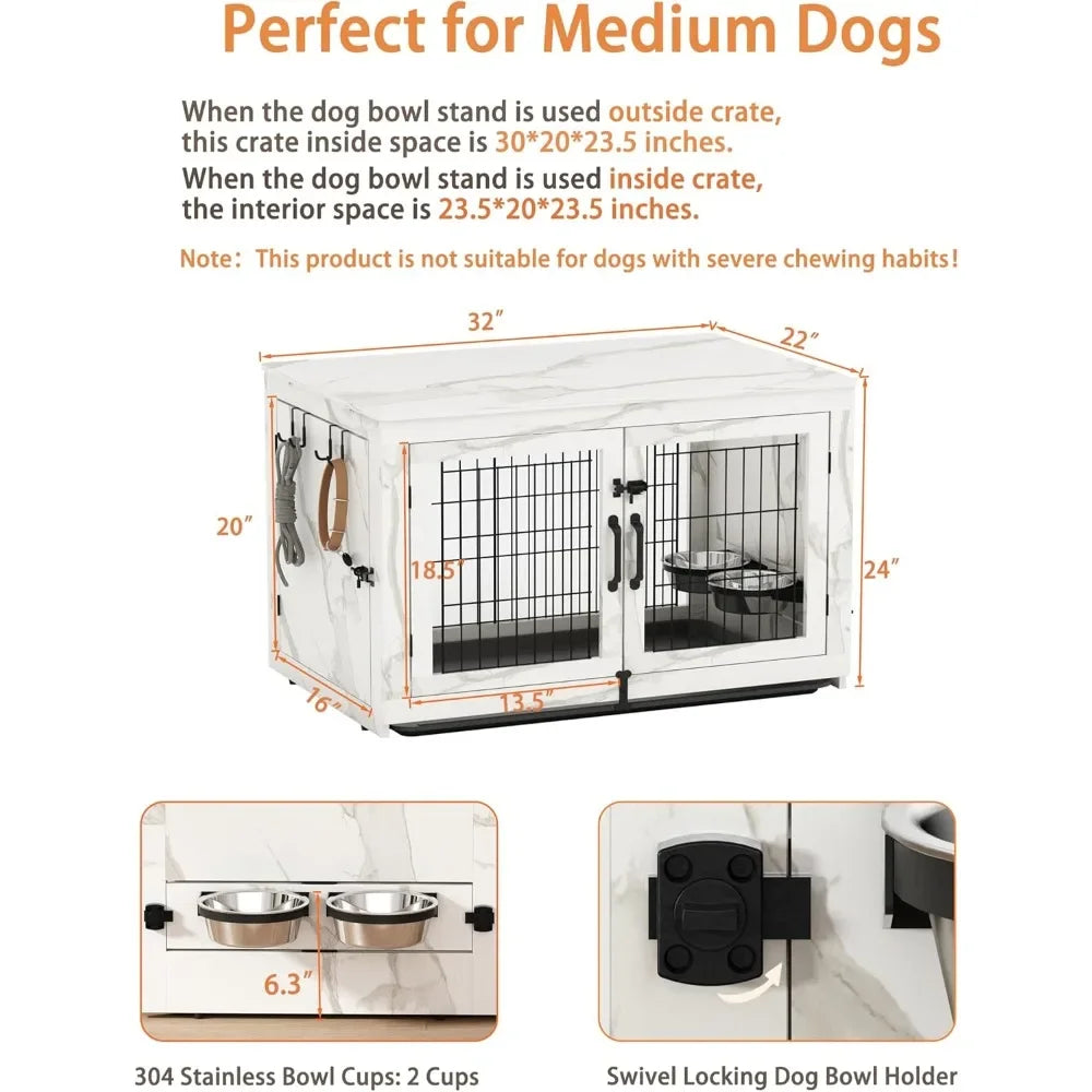 Wooden Dog Crate Furniture with 360°Rotatable Removable Dog Bowls, Dogs Crate End Table with Tray, Double Doors Dogs Kennels
