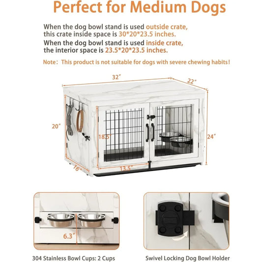 Wooden Dog Crate Furniture with 360°Rotatable Removable Dog Bowls, Dogs Crate End Table with Tray, Double Doors Dogs Kennels