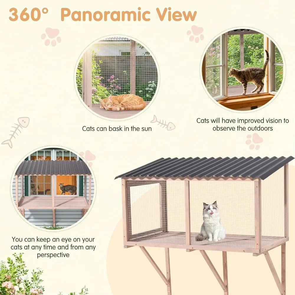 Cat Catio, Wall-Mounted Window Enclosure for Indoor Cats, Expandable Wooden Small Pet Perch House, Secure and Cozy Outdoor