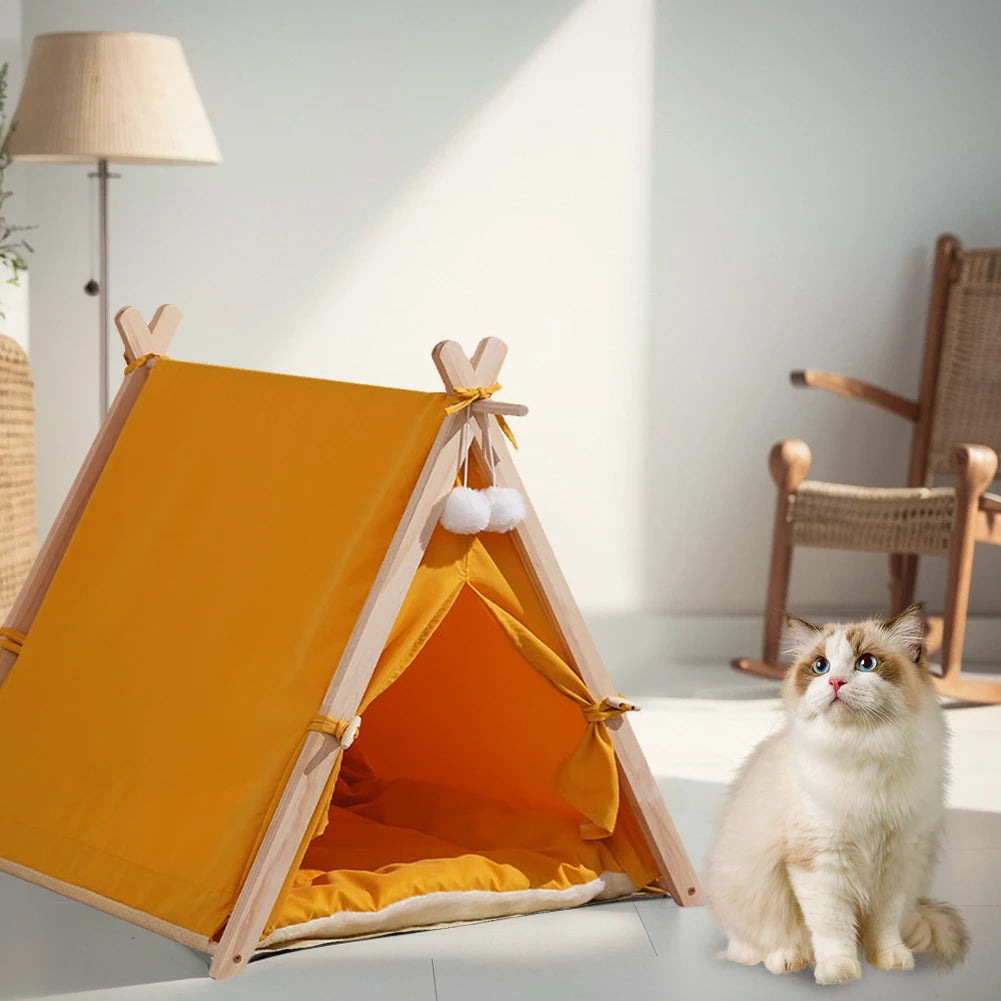 Pet Tent Wooden Frame Portable Pet House Oxford Fabric Wood Cat Dog Tent Washable Portable Removable Dog House with Soft Cushion